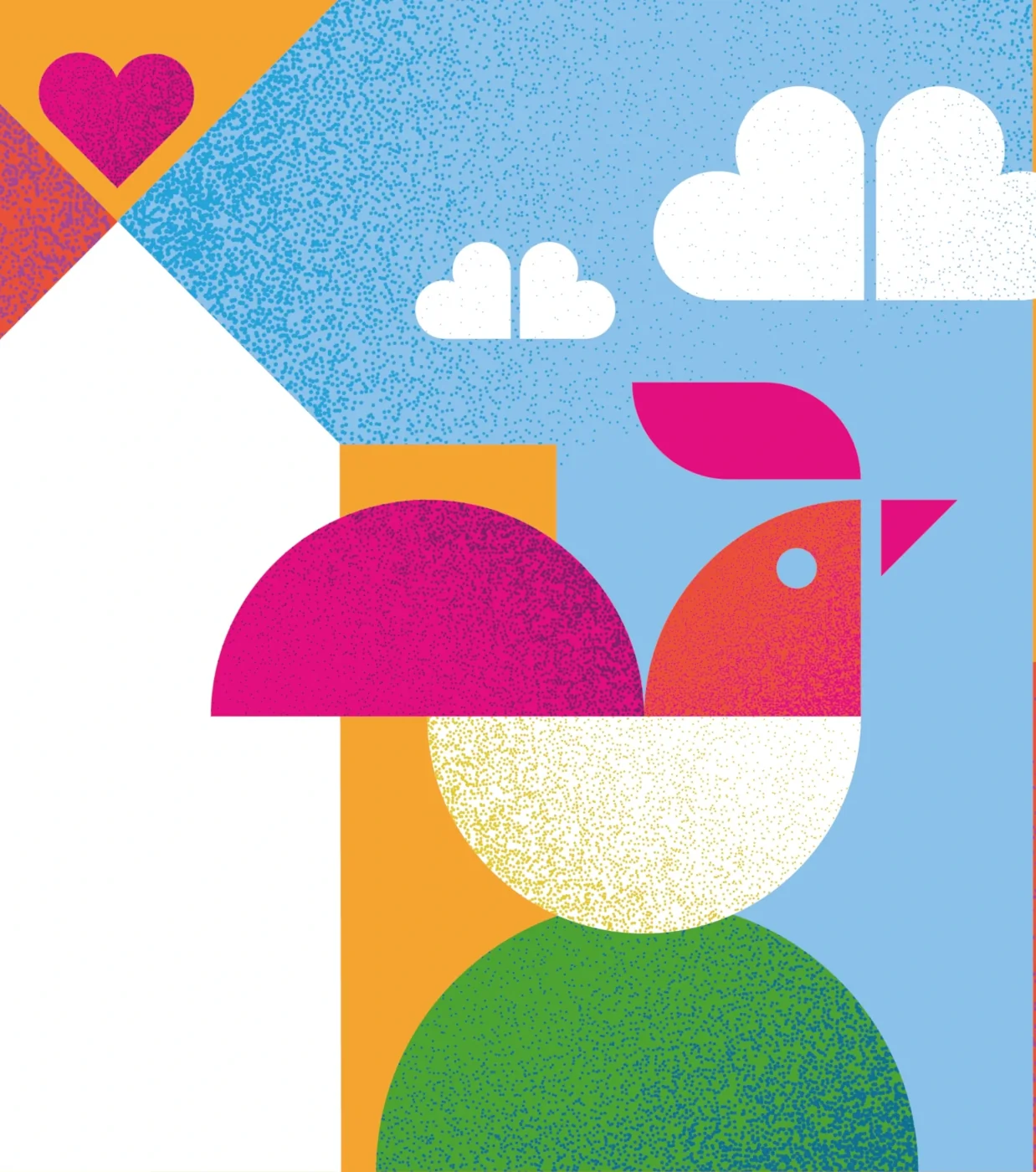 Symbolbild Dorfkirche mon amour, Grafik mit Kirchturm, Hahn und Herz